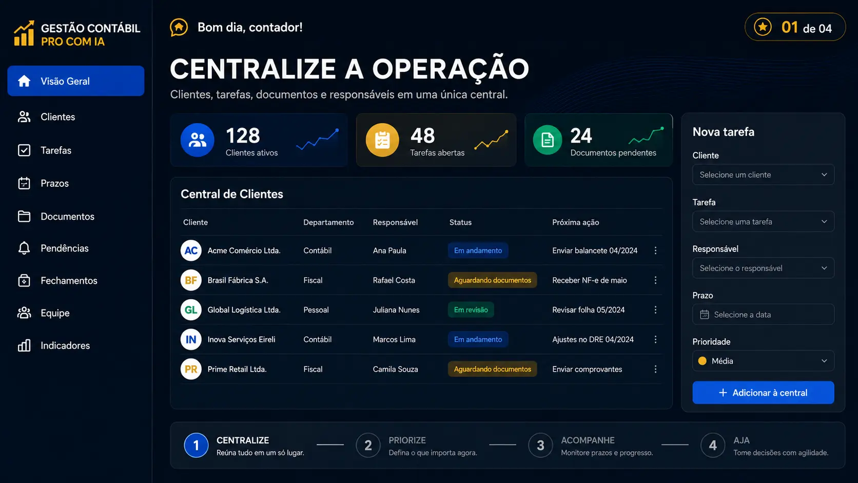 Tela da central mostrando a etapa Centralize, com as informações da obra reunidas em um único lugar.