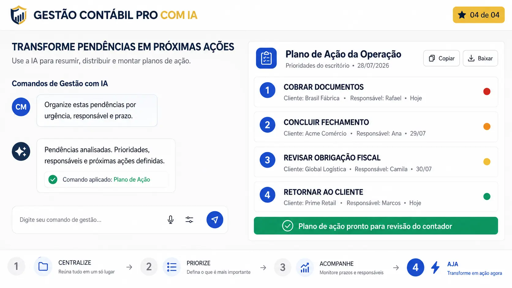 Tela da central mostrando a etapa Aja, com as próximas ações definidas para a obra.